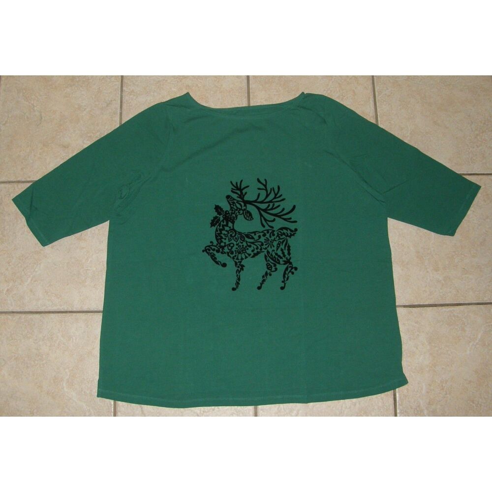 JESSICA LONDON Christmas Reindeer Plus Sz 26/28 Green Soft Cotton Tee Shirt NEW